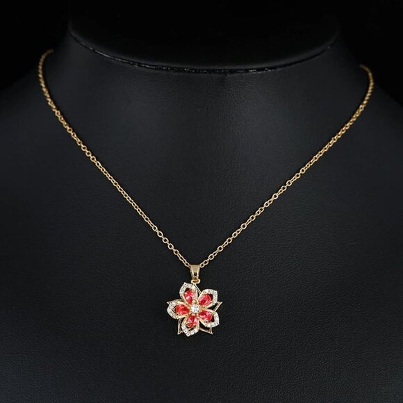 Women Gold Flower Fidget Red Set Necklace Rotatable Crystal Blossom Pendant - Picture 2 of 7
